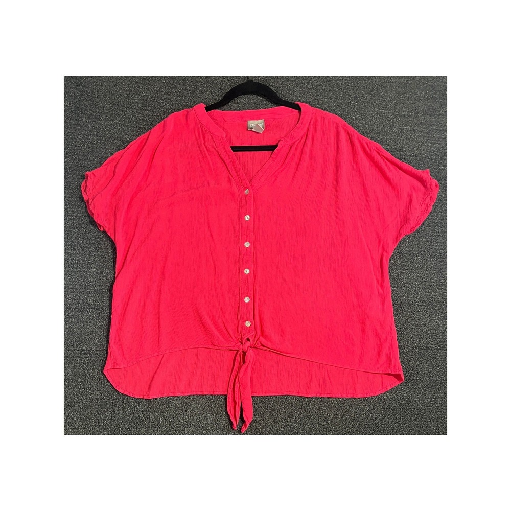Chico's Hot Pink Button Front Tie Hem Top Size 2 Large Dolman Sleeve Textured